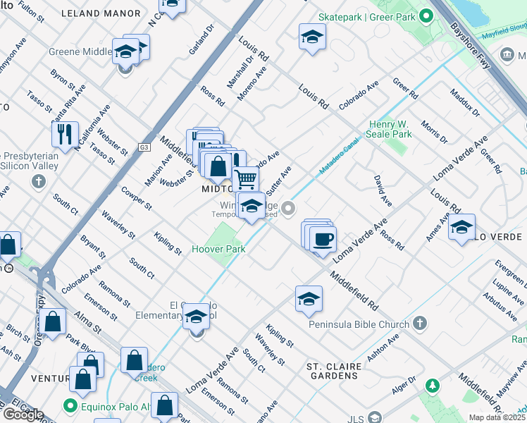 map of restaurants, bars, coffee shops, grocery stores, and more near 718 San Carlos Court in Palo Alto