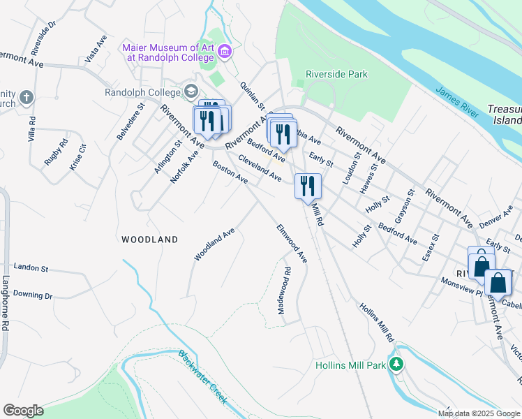 map of restaurants, bars, coffee shops, grocery stores, and more near 200 Woodland Avenue in Lynchburg