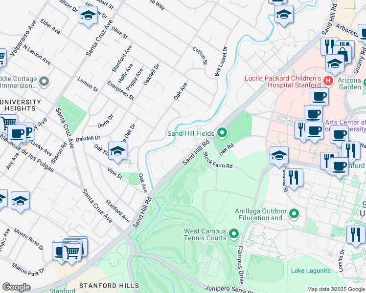 map of restaurants, bars, coffee shops, grocery stores, and more near 1600 Sand Hill Road in Palo Alto