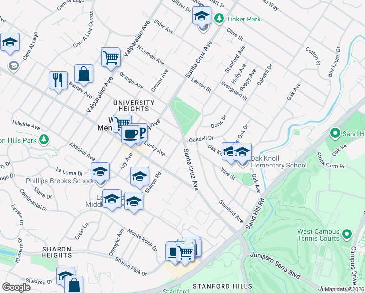 map of restaurants, bars, coffee shops, grocery stores, and more near 2000 Sharon Road in Menlo Park