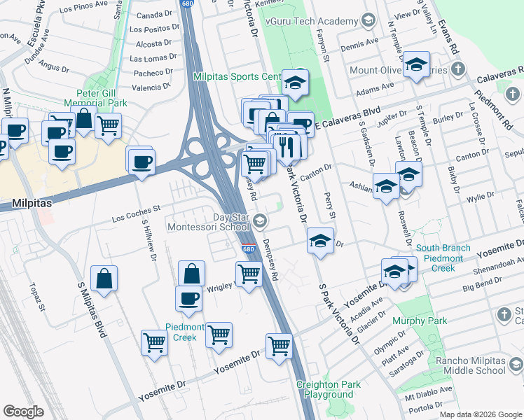 map of restaurants, bars, coffee shops, grocery stores, and more near 159 Selwyn Drive in Milpitas