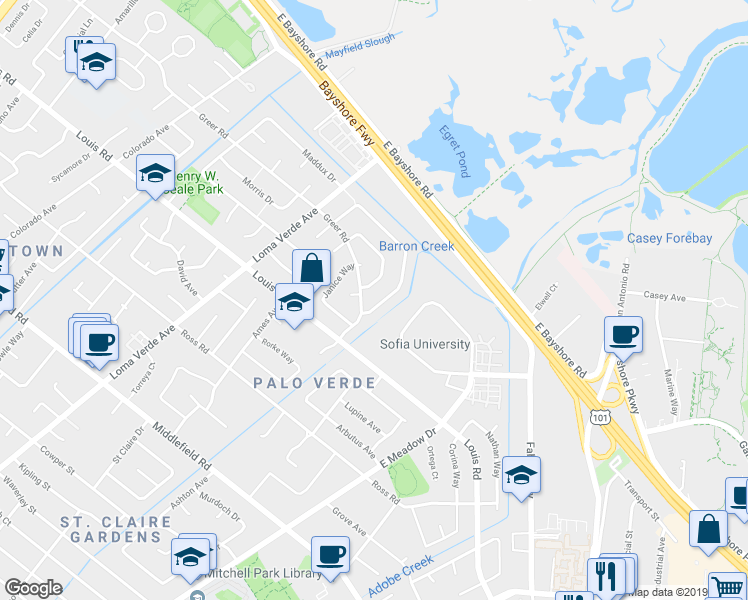 map of restaurants, bars, coffee shops, grocery stores, and more near 3482 Kenneth Drive in Palo Alto