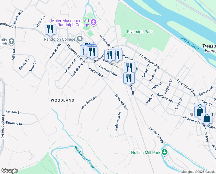 map of restaurants, bars, coffee shops, grocery stores, and more near 200 Woodland Avenue in Lynchburg