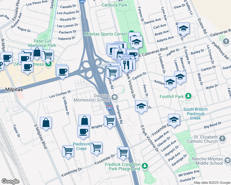 map of restaurants, bars, coffee shops, grocery stores, and more near 159 Selwyn Drive in Milpitas