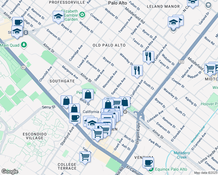 map of restaurants, bars, coffee shops, grocery stores, and more near 147 Rinconada Avenue in Palo Alto