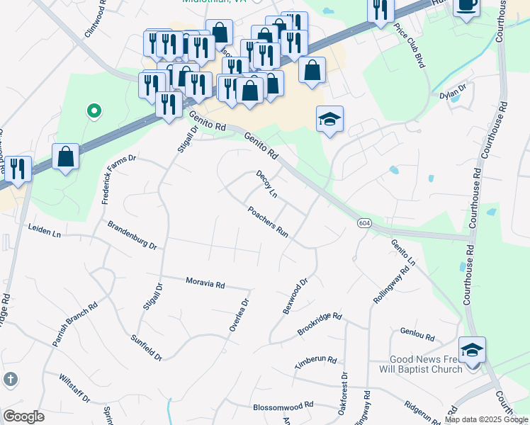 map of restaurants, bars, coffee shops, grocery stores, and more near 10854 Poachers Run in Chesterfield