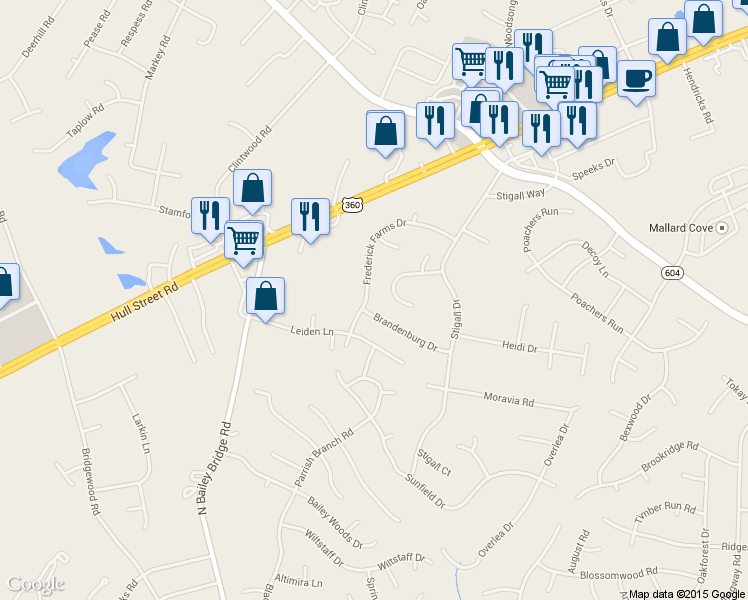 map of restaurants, bars, coffee shops, grocery stores, and more near 4255 Frederick Farms Drive in Midlothian