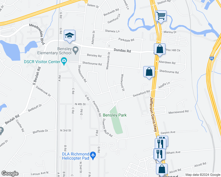 map of restaurants, bars, coffee shops, grocery stores, and more near 6901 Wentworth Street in Richmond