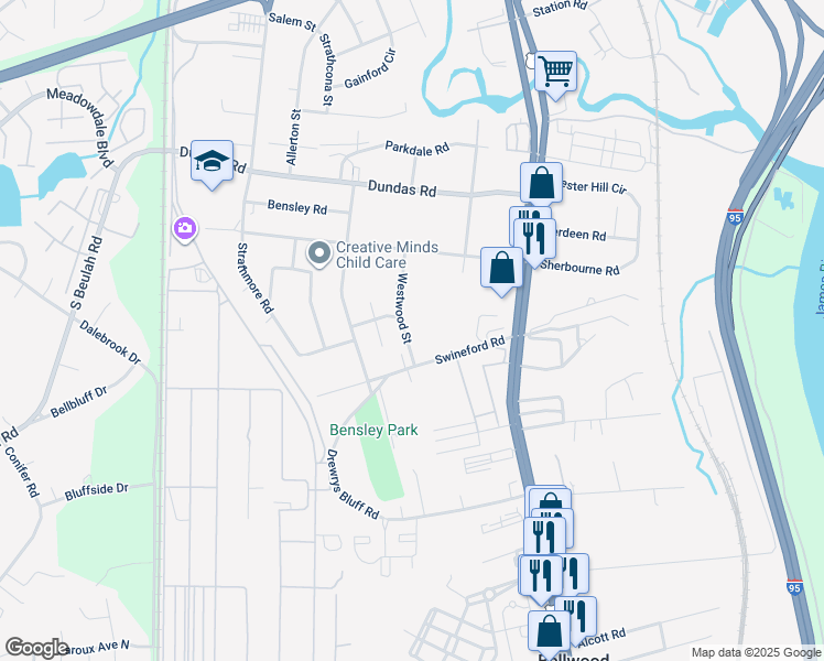 map of restaurants, bars, coffee shops, grocery stores, and more near 6913 Westwood Street in Richmond