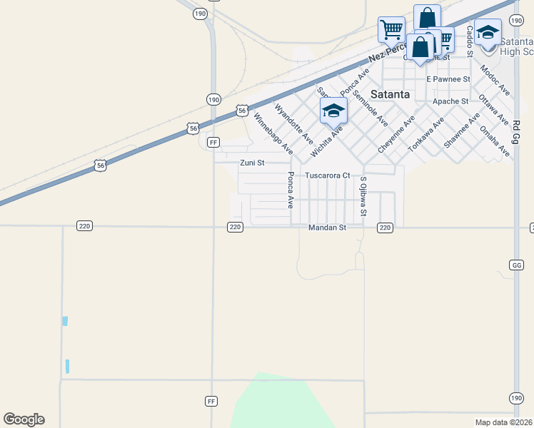map of restaurants, bars, coffee shops, grocery stores, and more near 507 North Shoshone Court in Satanta