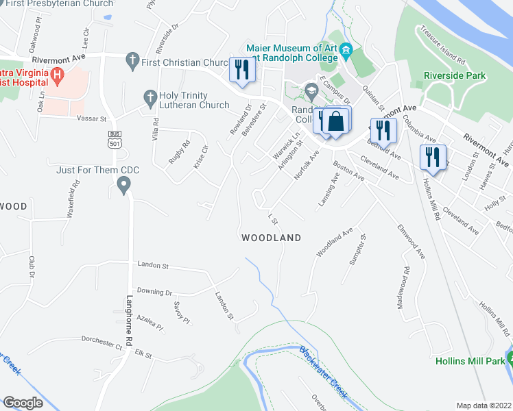 map of restaurants, bars, coffee shops, grocery stores, and more near 36 Adele Street in Lynchburg