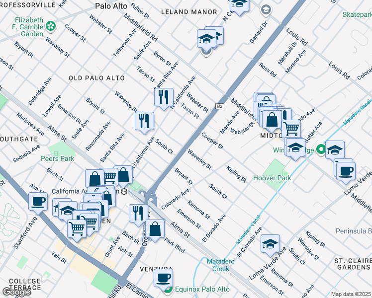 map of restaurants, bars, coffee shops, grocery stores, and more near Oregon Expressway & Waverley Street in Palo Alto