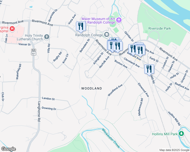 map of restaurants, bars, coffee shops, grocery stores, and more near 2425 Terrell Place in Lynchburg