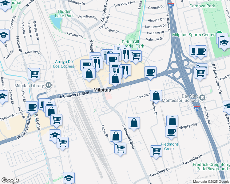 map of restaurants, bars, coffee shops, grocery stores, and more near 466 East Calaveras Boulevard in Milpitas