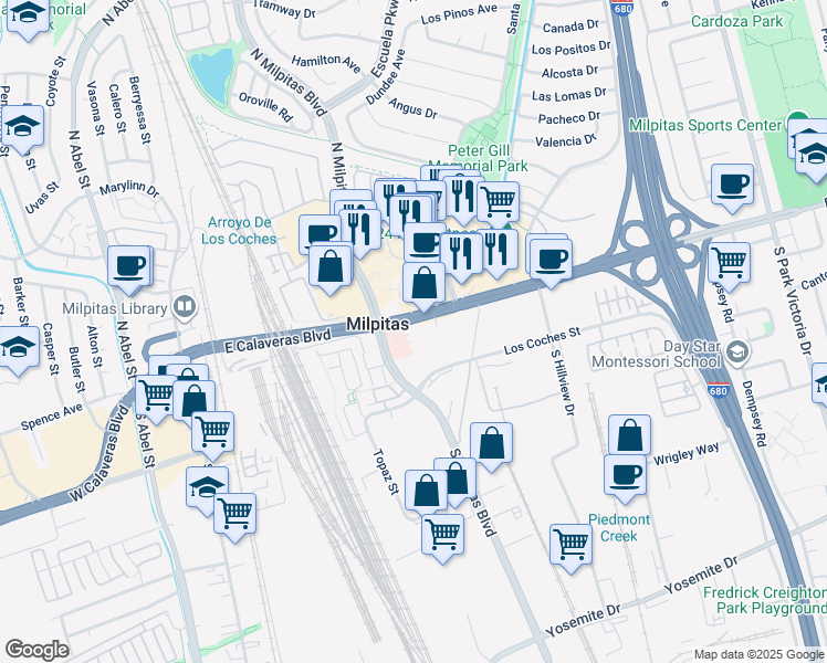 map of restaurants, bars, coffee shops, grocery stores, and more near 466 East Calaveras Boulevard in Milpitas