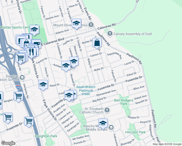 map of restaurants, bars, coffee shops, grocery stores, and more near 394 South Temple Drive in Milpitas