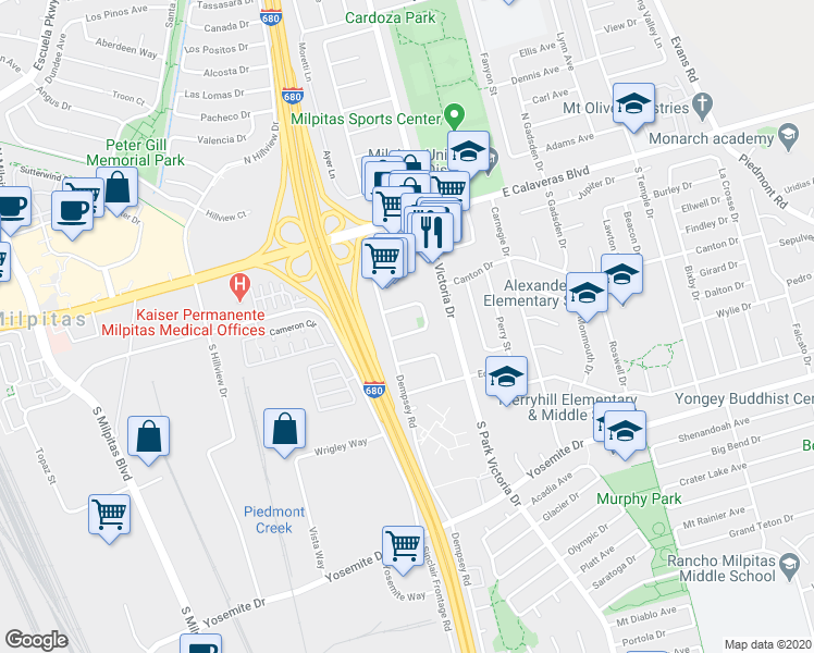 map of restaurants, bars, coffee shops, grocery stores, and more near 159 Selwyn Drive in Milpitas