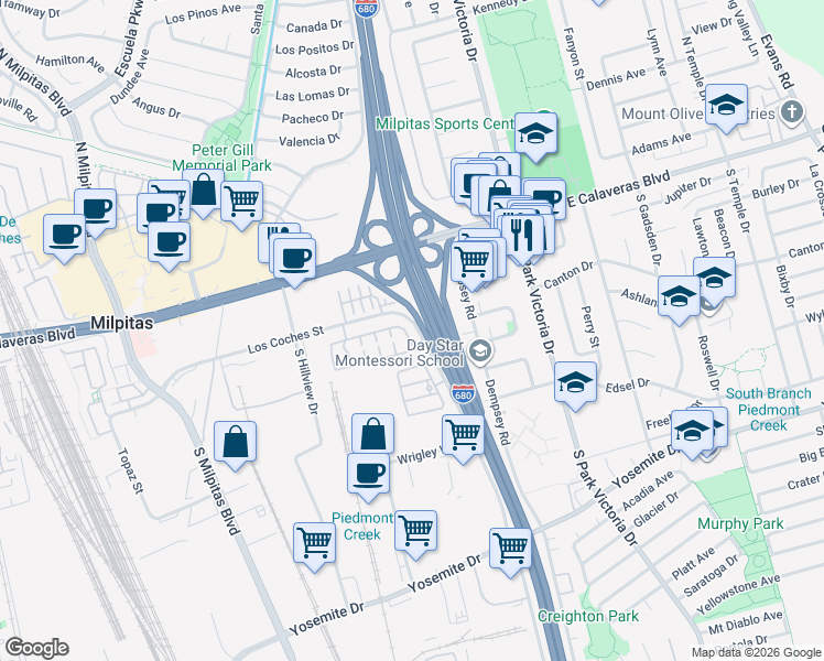 map of restaurants, bars, coffee shops, grocery stores, and more near 245 Sinclair Frontage Road in Milpitas
