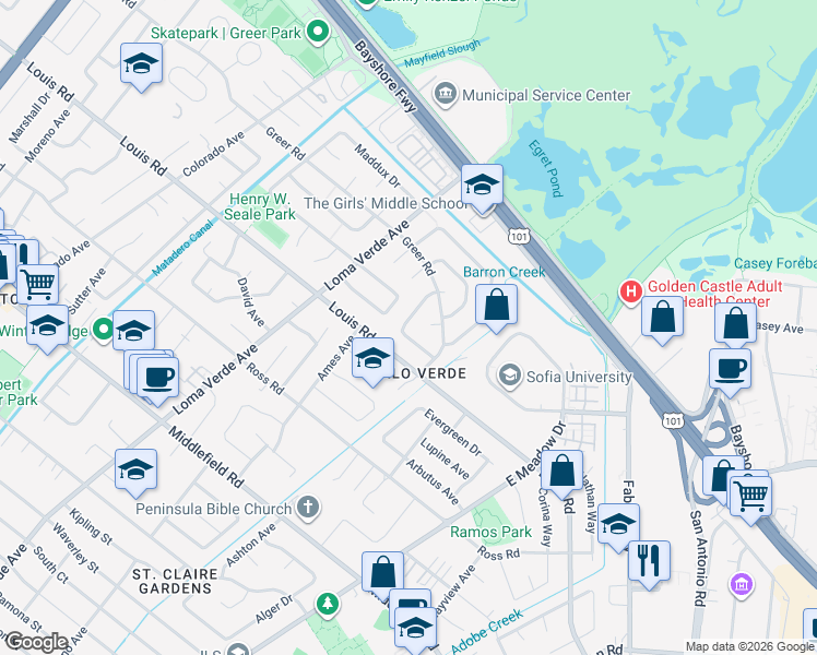 map of restaurants, bars, coffee shops, grocery stores, and more near 3372 Vernon Terrace in Palo Alto