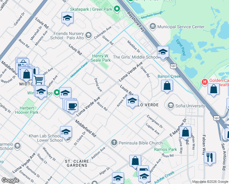 map of restaurants, bars, coffee shops, grocery stores, and more near 884 Loma Verde Avenue in Palo Alto