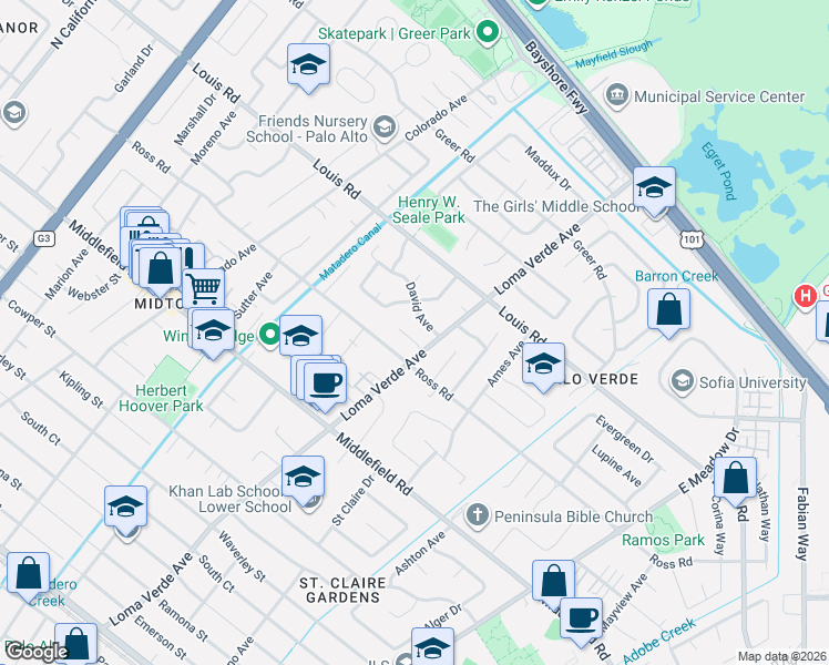 map of restaurants, bars, coffee shops, grocery stores, and more near 3168 David Avenue in Palo Alto