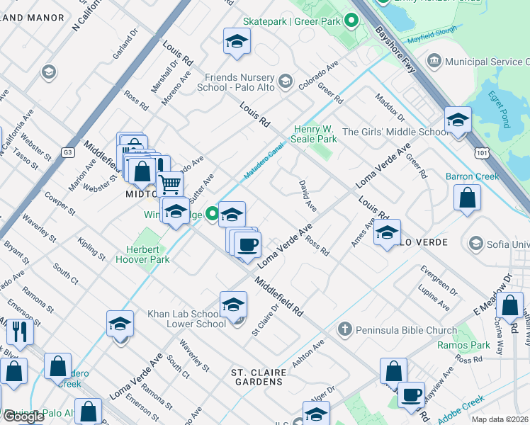 map of restaurants, bars, coffee shops, grocery stores, and more near 3135 Ross Road in Palo Alto