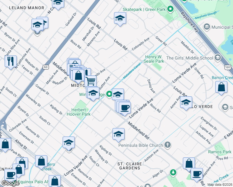 map of restaurants, bars, coffee shops, grocery stores, and more near 3042 Price Court in Palo Alto