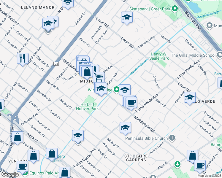 map of restaurants, bars, coffee shops, grocery stores, and more near 731 Ellsworth Place in Palo Alto