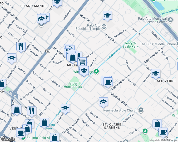 map of restaurants, bars, coffee shops, grocery stores, and more near 731 Ellsworth Place in Palo Alto