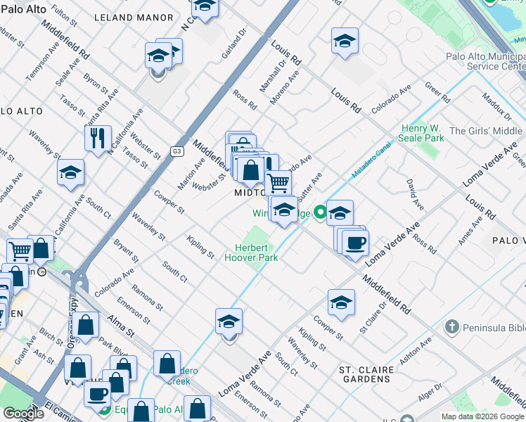 map of restaurants, bars, coffee shops, grocery stores, and more near in Palo Alto