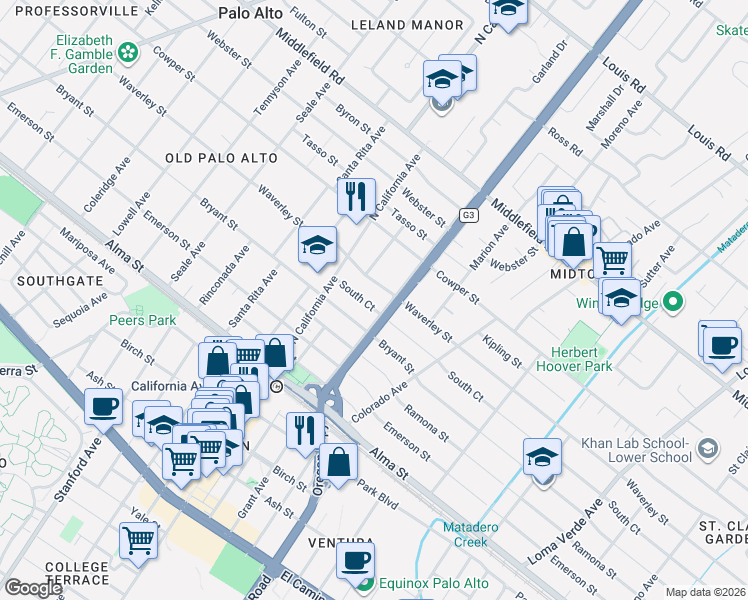 map of restaurants, bars, coffee shops, grocery stores, and more near 2370 Waverley Street in Palo Alto