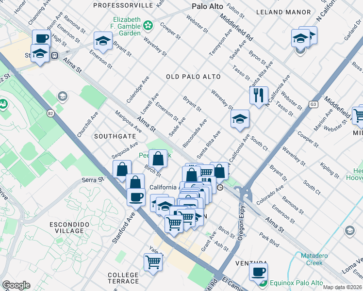map of restaurants, bars, coffee shops, grocery stores, and more near 147 Rinconada Avenue in Palo Alto