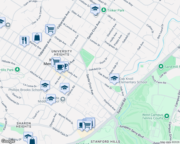map of restaurants, bars, coffee shops, grocery stores, and more near 1950 Oakdell Drive in Menlo Park
