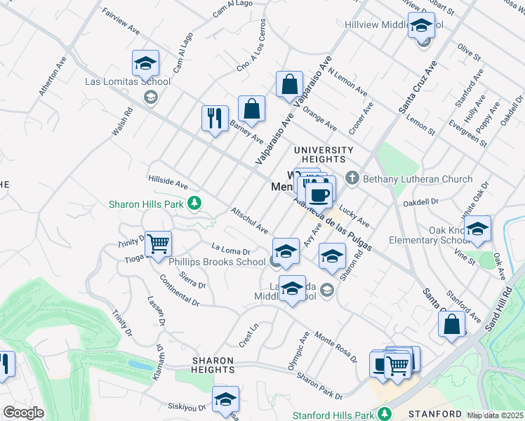 map of restaurants, bars, coffee shops, grocery stores, and more near 2142 Oakley Avenue in Menlo Park