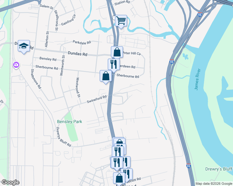 map of restaurants, bars, coffee shops, grocery stores, and more near 6741 Jefferson Davis Highway in Richmond