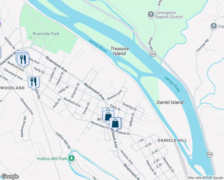 map of restaurants, bars, coffee shops, grocery stores, and more near 1466 Yancey Street in Lynchburg