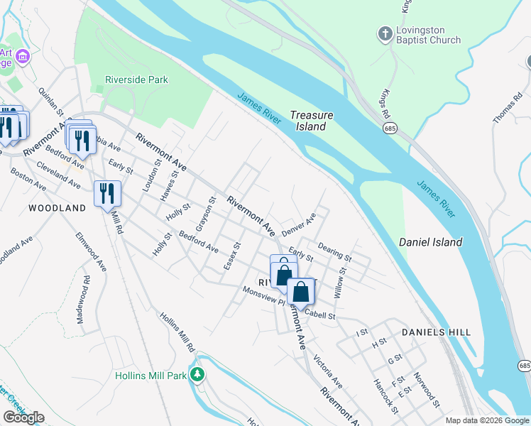 map of restaurants, bars, coffee shops, grocery stores, and more near 129 Marshall Street in Lynchburg