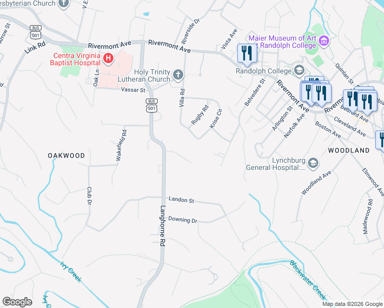 map of restaurants, bars, coffee shops, grocery stores, and more near 1316 Krise Circle in Lynchburg