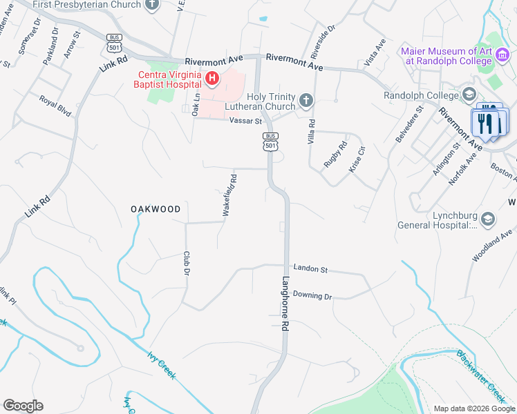 map of restaurants, bars, coffee shops, grocery stores, and more near 1305 Langhorne Rd in Lynchburg