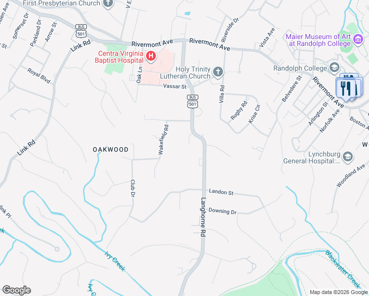 map of restaurants, bars, coffee shops, grocery stores, and more near 1305 Langhorne Rd in Lynchburg