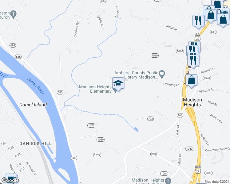 map of restaurants, bars, coffee shops, grocery stores, and more near 287 Learning Lane in Madison Heights