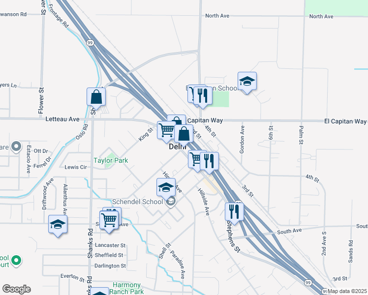 map of restaurants, bars, coffee shops, grocery stores, and more near 14762 Delhi Avenue in Delhi