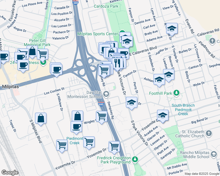 map of restaurants, bars, coffee shops, grocery stores, and more near 243 Selwyn Drive in Milpitas