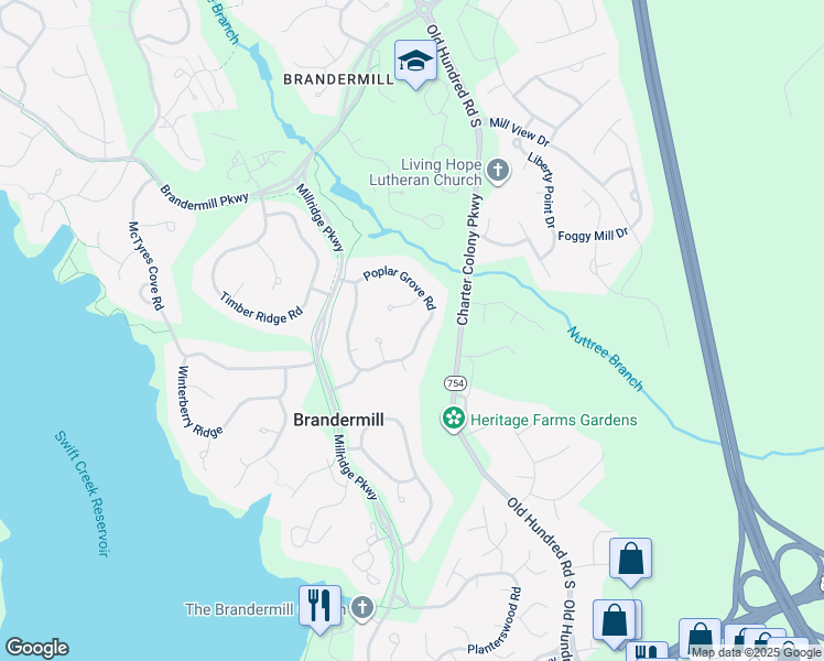 map of restaurants, bars, coffee shops, grocery stores, and more near 4030 Poplar Grove Road in Midlothian