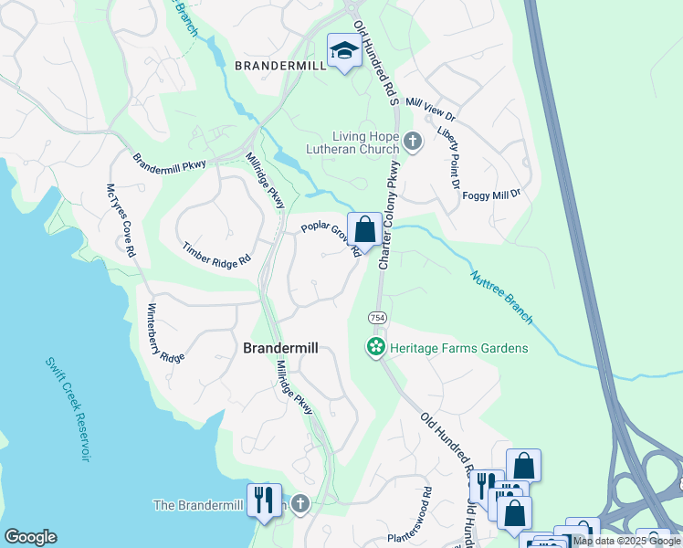 map of restaurants, bars, coffee shops, grocery stores, and more near 4030 Poplar Grove Road in Midlothian