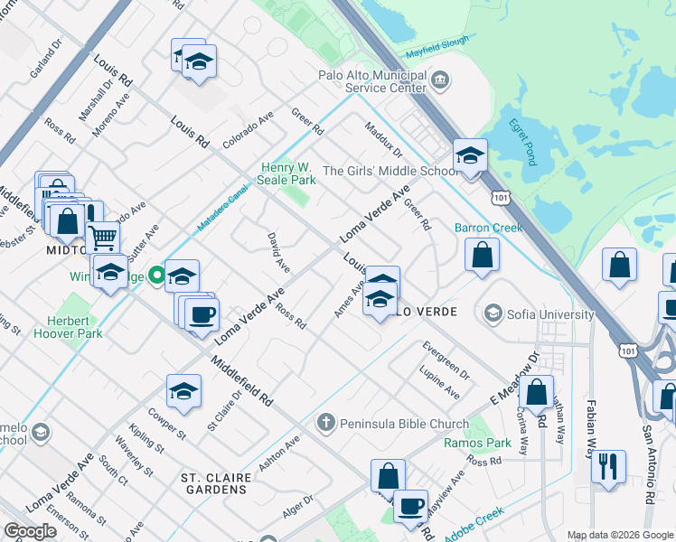 map of restaurants, bars, coffee shops, grocery stores, and more near 884 Loma Verde Avenue in Palo Alto