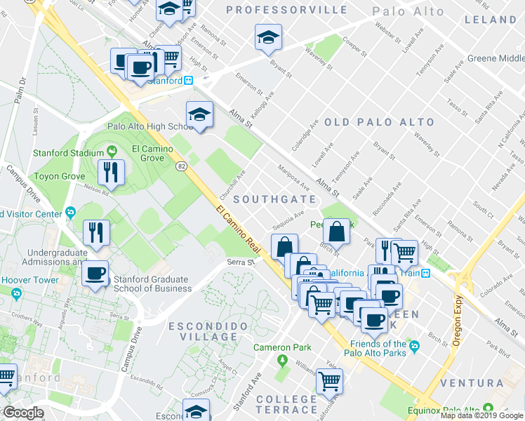 map of restaurants, bars, coffee shops, grocery stores, and more near 1570 Madrono Avenue in Palo Alto