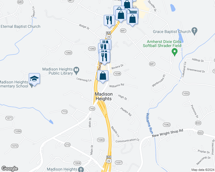 map of restaurants, bars, coffee shops, grocery stores, and more near 100-190 State Route 1039 in Madison Heights