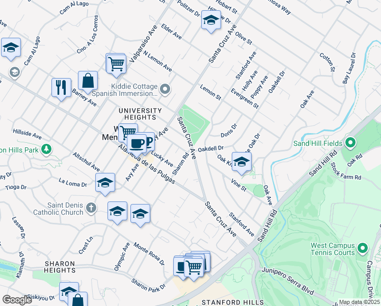 map of restaurants, bars, coffee shops, grocery stores, and more near 2001 Sharon Road in Menlo Park