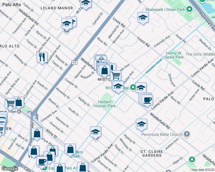 map of restaurants, bars, coffee shops, grocery stores, and more near in Palo Alto
